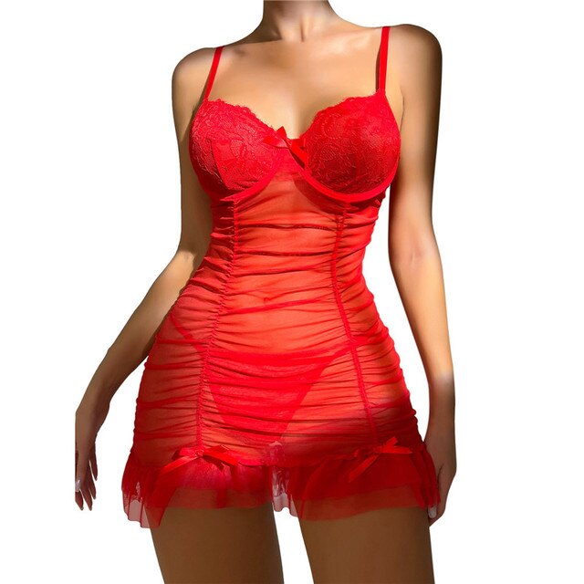 Women Sexy Lace Nightdress Summer Erotic Sleeveless Nightwear See Through Lingerie Backless Nightgown Thong Set Erotic Pajama