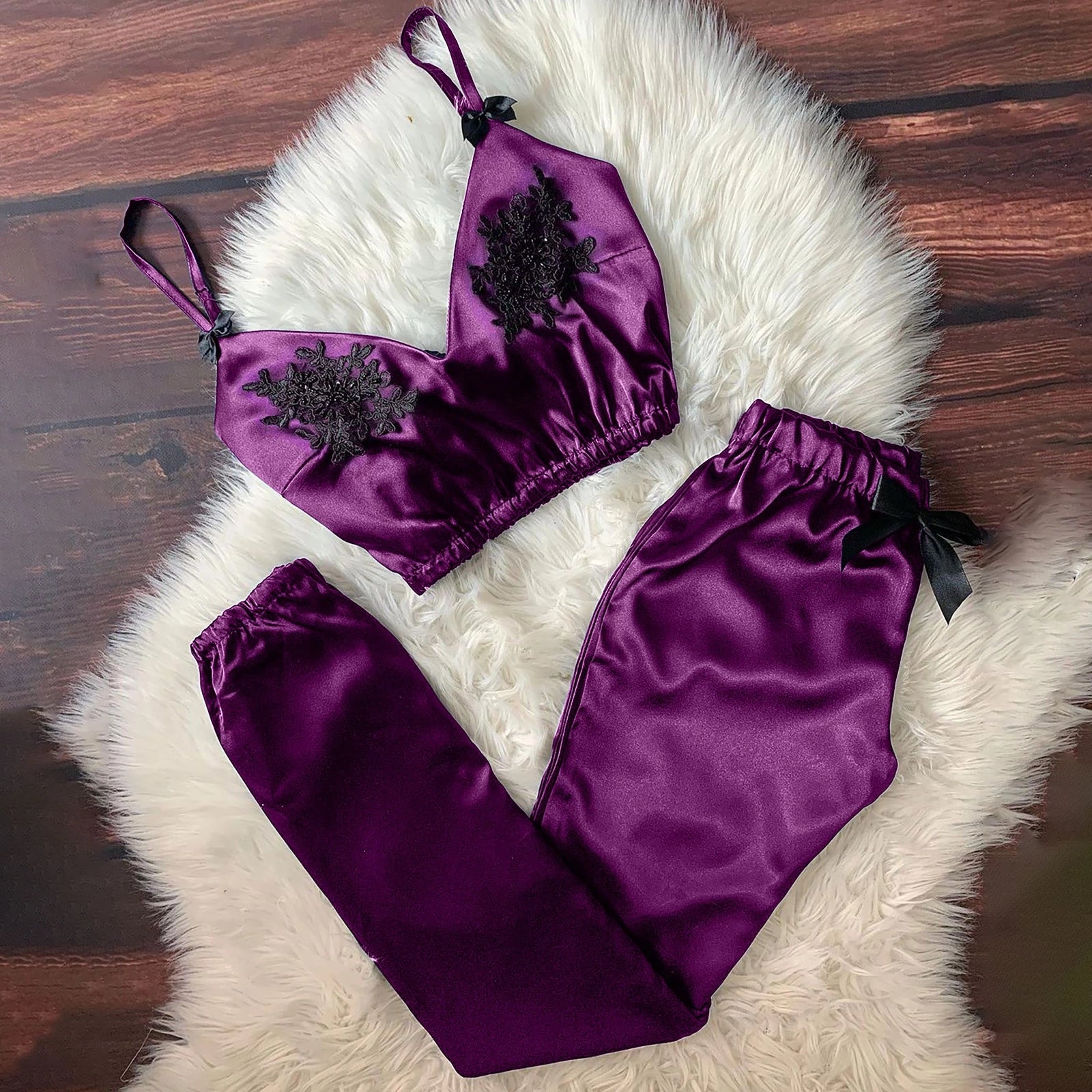 Lace Flower Pajamas Sets Women V-Neck Eyelash Lace Sexy Stain Camisole Pajamas Bowknot Pants Set Femme Sleepwear