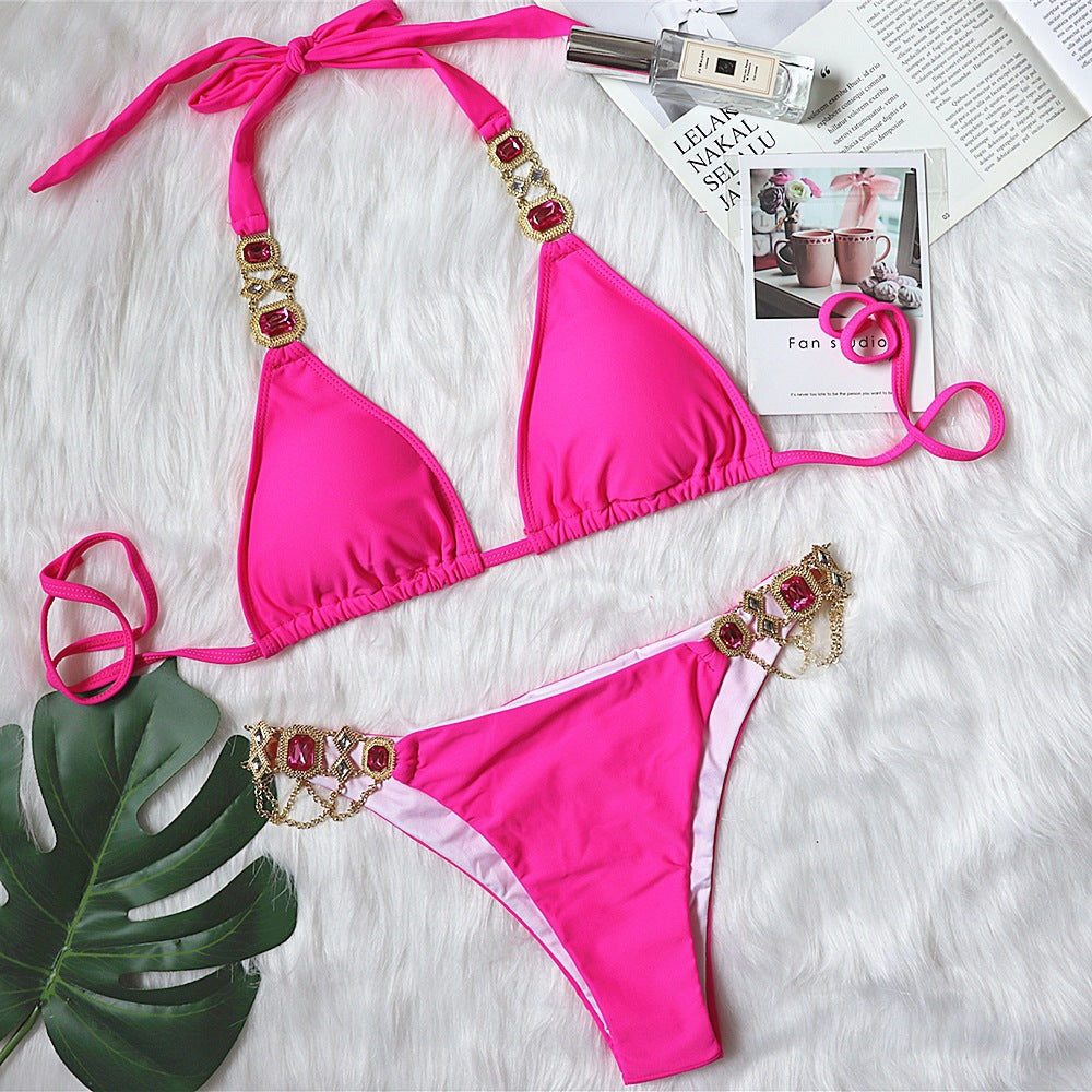 Explosive Crystal Diamond Bikini New European and American Bandage Plain Women's Split Swimsuit Gold Accessories Swimwear