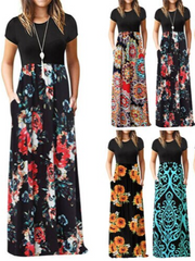 Vintage Floral Print Boho Dresses Women's Long Maxi Dress Party Beach Summer Dress Vestidos Short Sleeve Split Dress