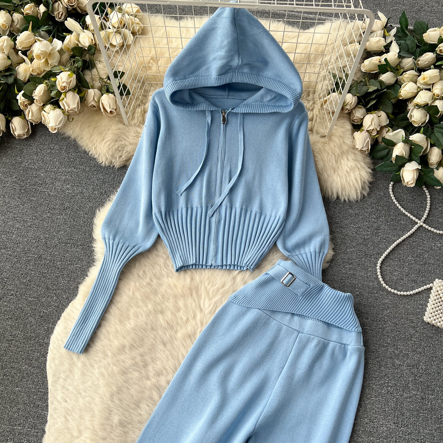 Autumn and winter European and American style minimalist solid color  hooded top +  waisted  trousers casual two-piece set