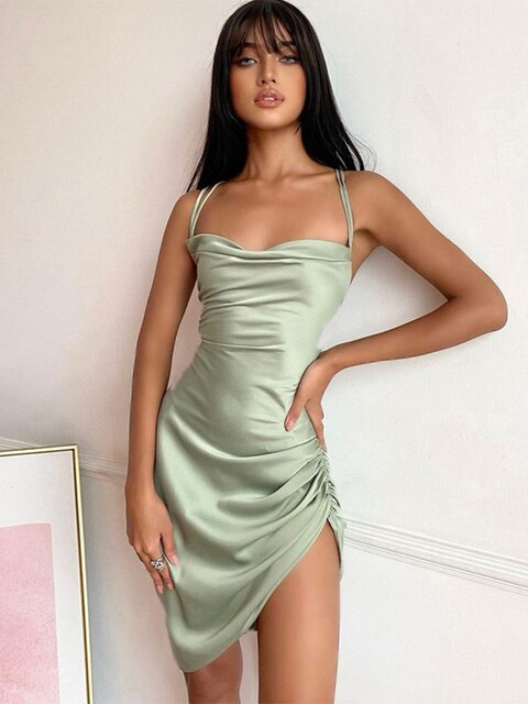 Women Strap Mini Dress Ruched Lace Up Cross Bandage Backless Bodycon Sexy Party Elegant 2022 Club Christmas Slim