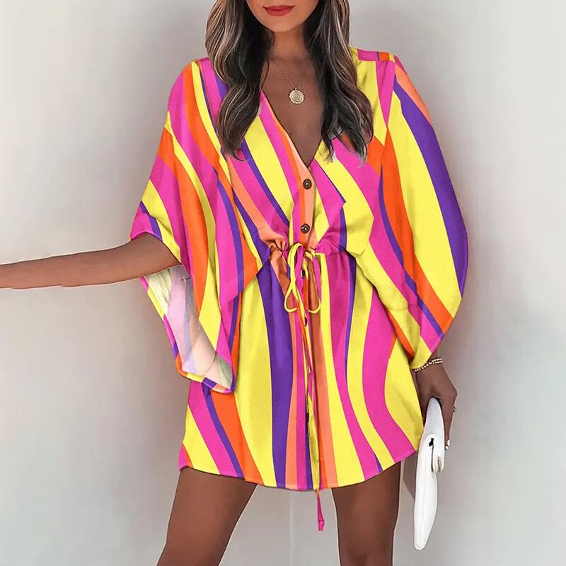 Fashion Batwing Sleeve Print Lace Up Mini Dress for Women Sexy V-Neck Casual Loose Boho Holiday Short Dresses Woman 2022 Summer