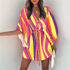 Fashion Batwing Sleeve Print Lace Up Mini Dress for Women Sexy V-Neck Casual Loose Boho Holiday Short Dresses Woman 2022 Summer