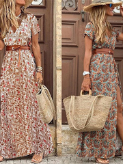 2022 Summer Boho Women's Long Dress V Neck Short Sleeve Floral Printed Beach Dresses Female Elegant Vintage Dress with Belt