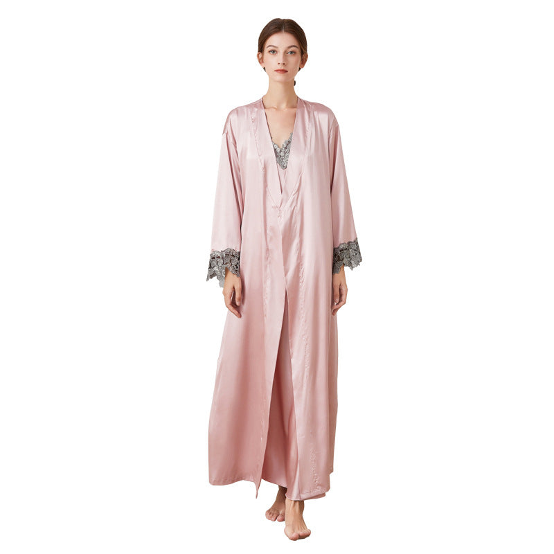 2 PCS Lace Night Dress Negligee Spring Autumn Ladies Long Night Gowns Womens Sleepwear Silk Nightwear V-neck Robes Bathrobe Homewear Suit Pajamas Set