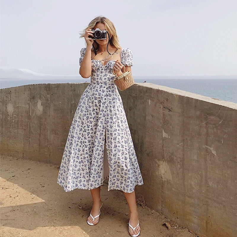 فستان ماكسي أنيق بطباعة بوهو للصيف للنساء فستان نسائي فرنسي رومانسي للحفلات والعطلات والشاطئ فستان زهري غير رسمي للسيدات