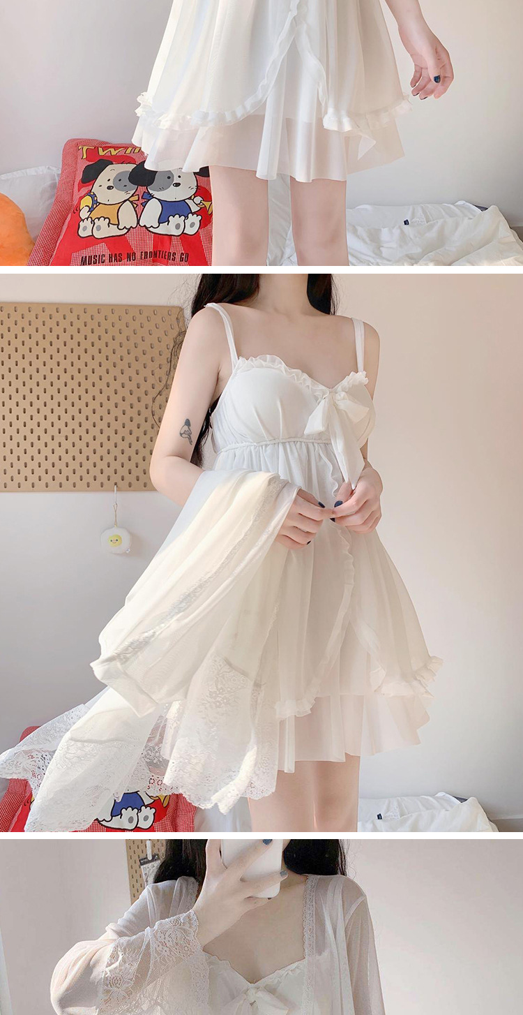 Summer burst sexy suspender nightdress with chest pad women's lace nightgown sexy temp pajamas home service set