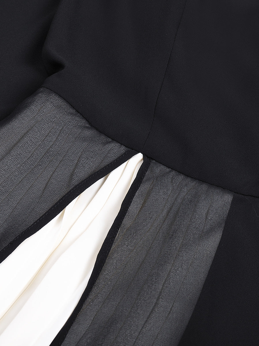 Black and white paneling elegant chiffon pleated dress