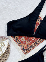 European and American style women's sexy bikini new ins style pure black solid color strapless navel chain hollowed out camisole briefs split swimsuit