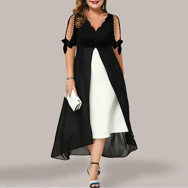 2023 spring and summer cross-border new Amazon plus size women's V-neck splicing fake two-piece irregular mid-sleeve dress