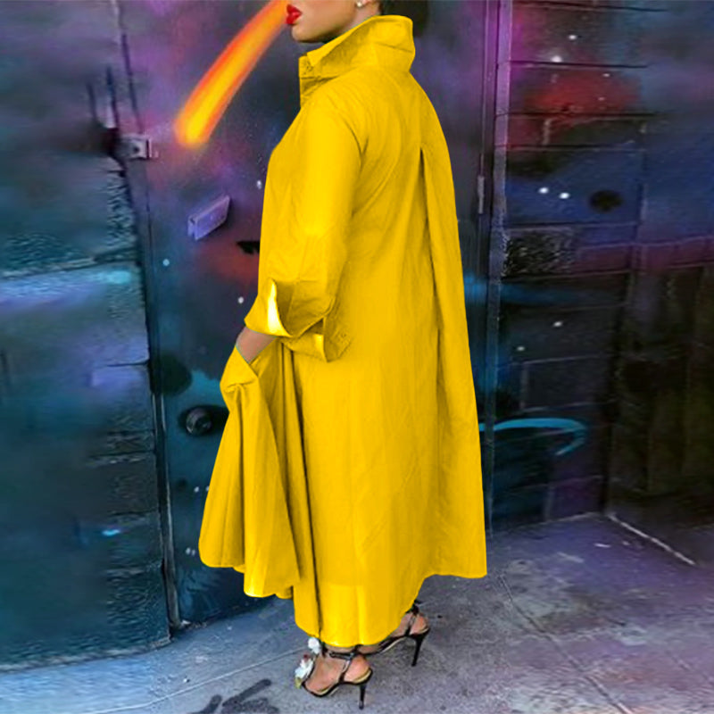 VONDA ladies lady-like temperament solid color shirt dress European and American sweet and elegant lapel button placket front short and back length irregular design long skirt daily spring and summer large size wild dating skirt