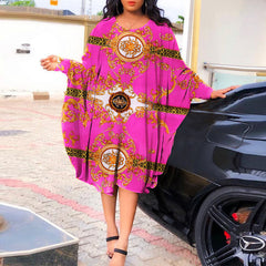 VONDA women's European and American black large size hit color retro pattern printed dress elegant temperament mature round neck long sleeve bat sleeve  A-line skirt large  skirt daily spring and autumn fashion all-match knee-length skirt short skirt