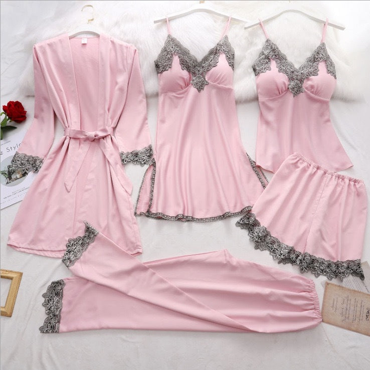 New ice silk pajamas women's sexy nightdress nightgown lace five-piece set  silk spring and summer home clothes