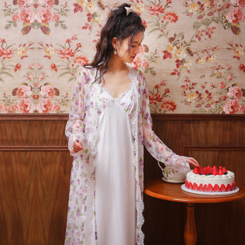 Long sleeved nightgown female spring and autumn cotton suspender nightdress princess household palace style lace dress pajamas printed two-piece set