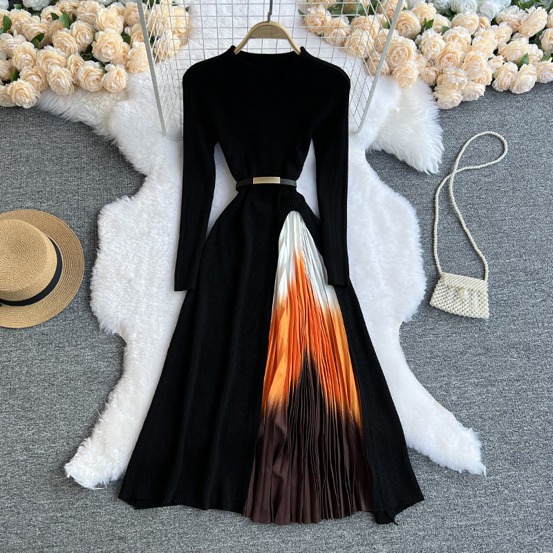 Elegant  stitching dress simple temperament round neck gradient  fit  mid-length skirt women