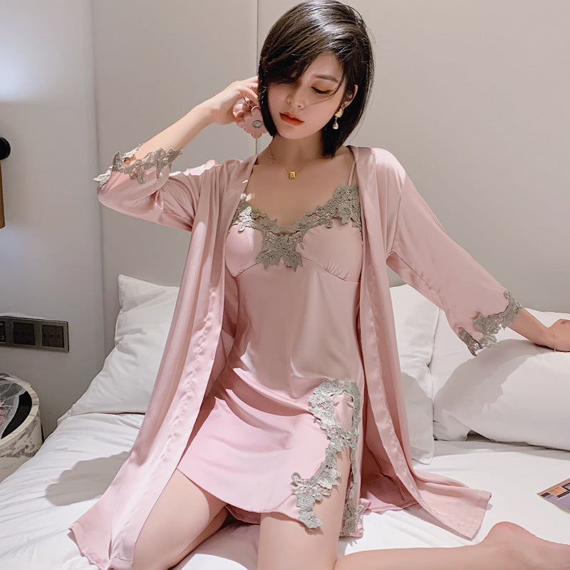 2PCS Pajamas Set Womens Long Sleeve Nighty Robe V-Neck Sleep Wear Pijama Home Nightie Sexy Bathrobe Gown Suit vest with Chest Pad Silk Slip Nightdress