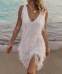 European and American dress women's sexy tassel V-neck slim dress