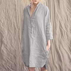 ZANZEA ladies Japanese and Korean style solid color simple temperament half placket pocket slit fashion loose daily casual mid-length shirt dress