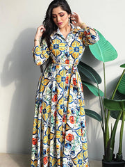 Ethnic Print Maxi Dress for Women 2022 Lapel Single-breasted Dubai Floral Abaya Arabic Oman Middle East Muslim Clothes