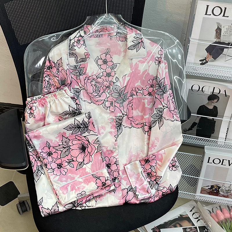 Summer Ladies Comfortable Luxurious Pajamas Long Sleeve Homewear Simulated Silk Suit