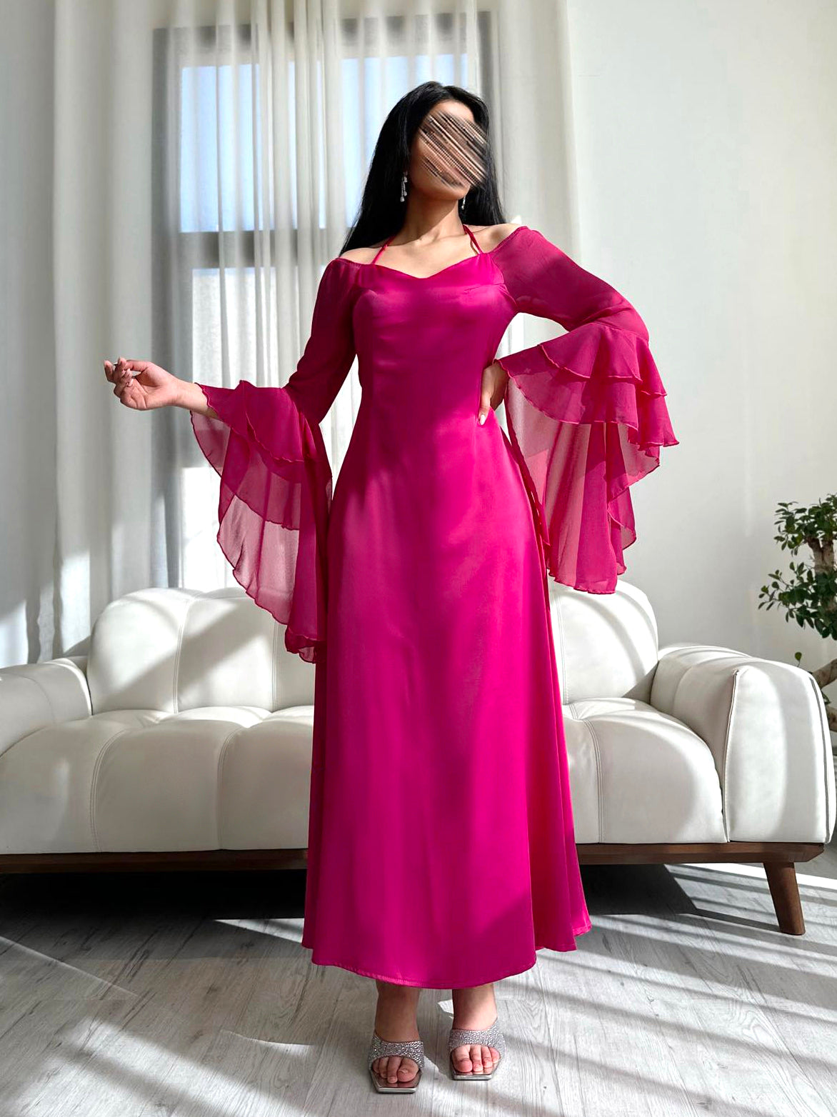 Rose Red Elegant Chiffon Ruffle Sleeve Dress With Strap