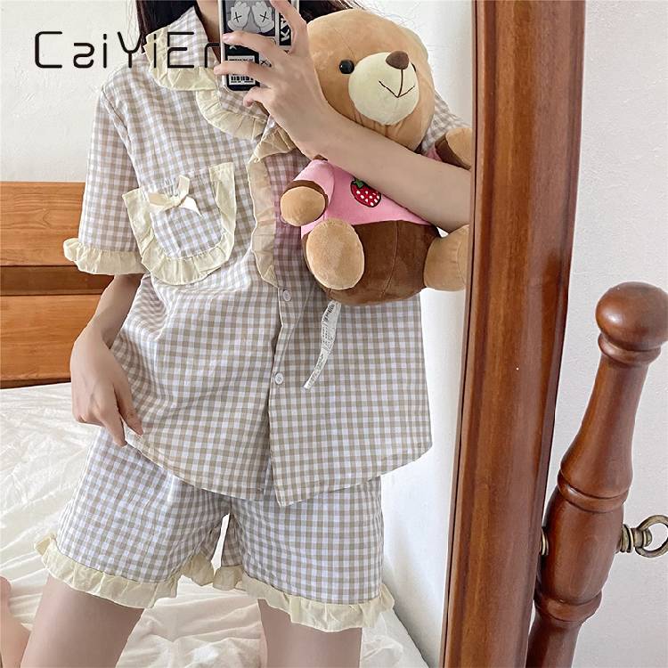 CAIYIER Summer Korea Women's Pajamas Sweet Girl Plaid Sleepwear Short Sleeve Shorts Retro Ruffle Nightwear Kawaii Japan Homewear