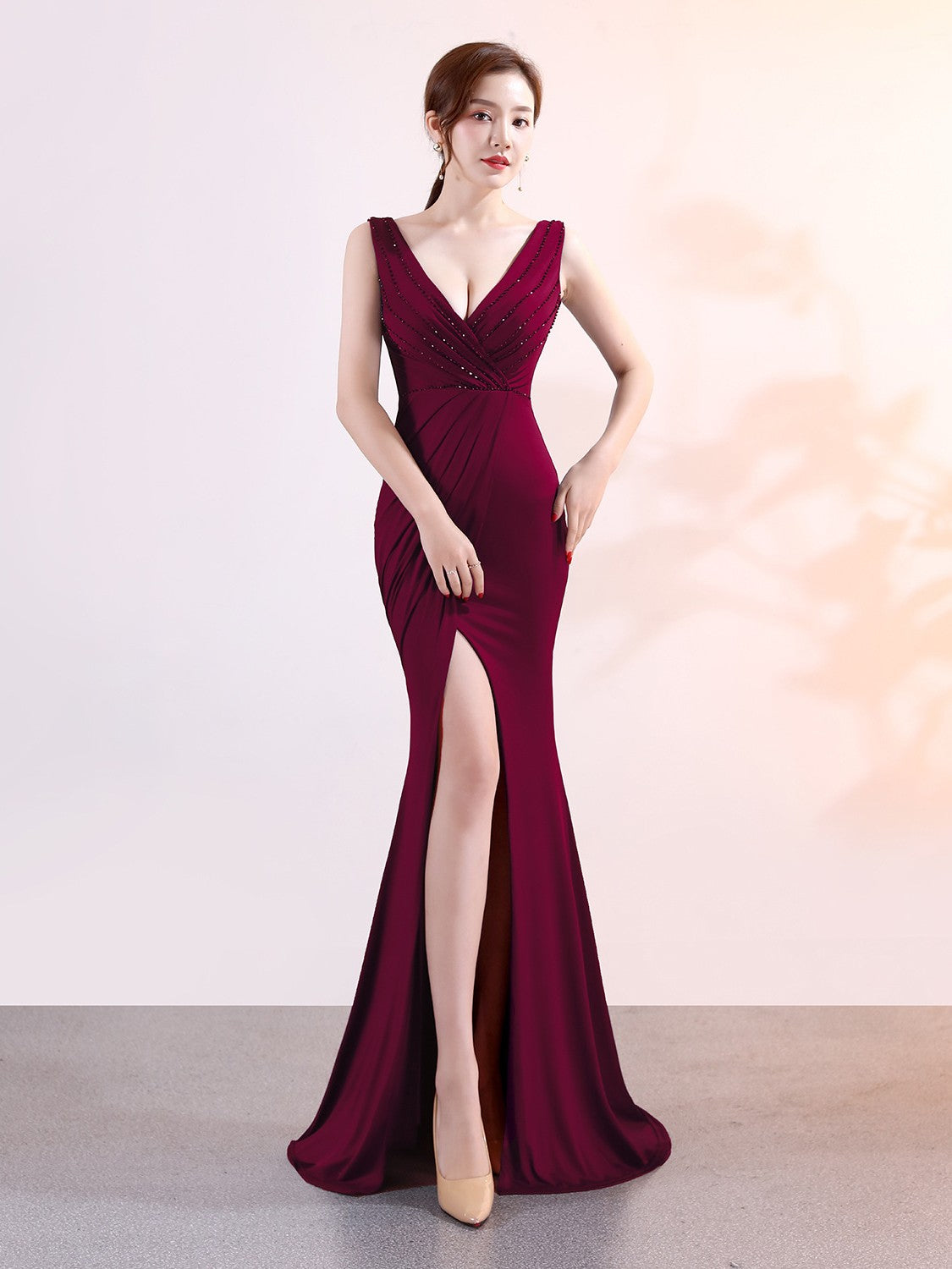 ladies fashion sexy Solid color Sleeveless Split ends Long Evening dress