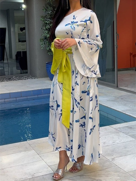 Elegant off-the-shoulder fashion print tie dress