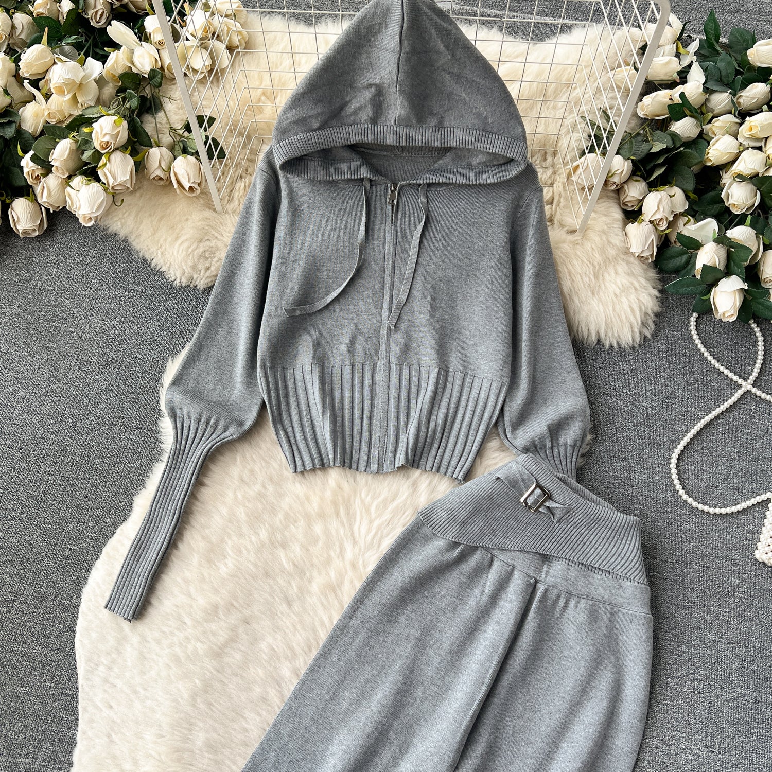 Autumn and winter European and American style minimalist solid color  hooded top +  waisted  trousers casual two-piece set