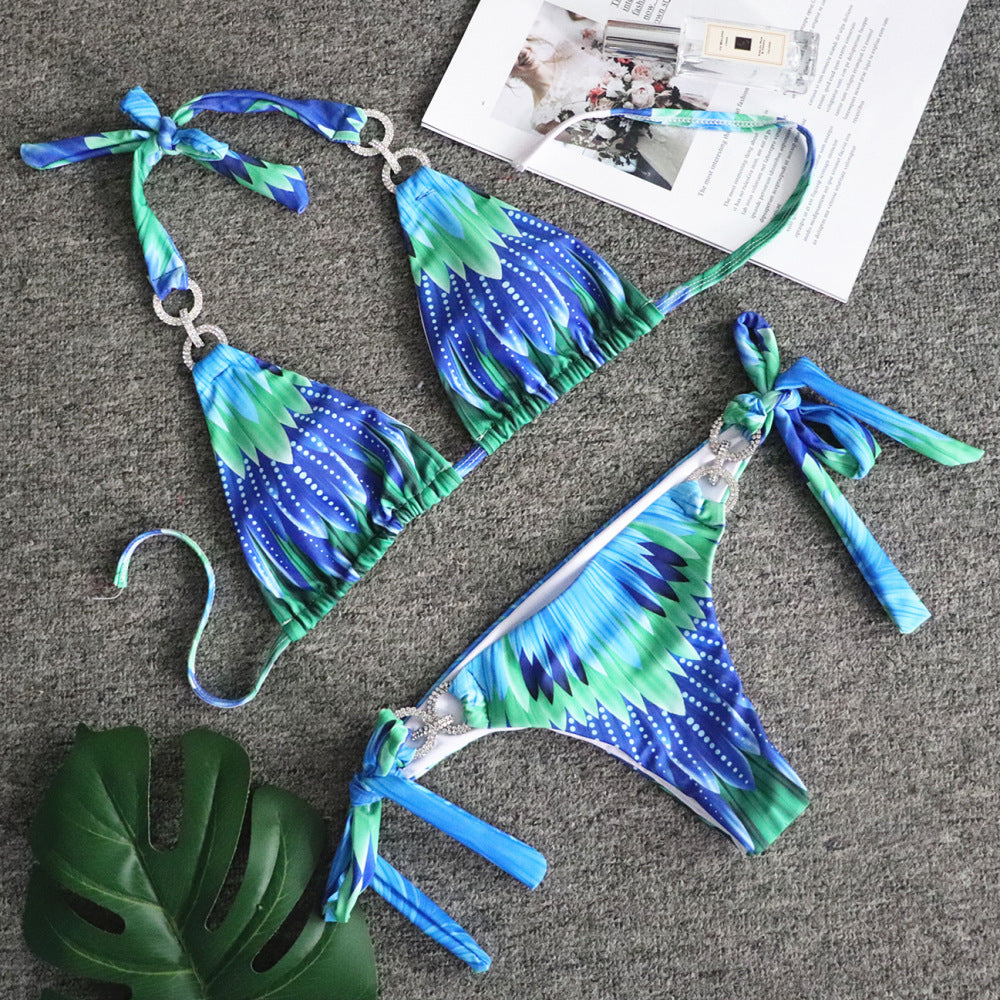 New swimsuit sexy crystal diamond solid color bandage bikini beach vacation swimwear female spot