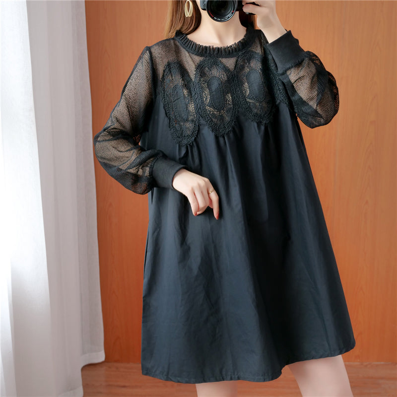 Large size women's lace mesh splicing  dress  and thin mid-length fat mm long-sleeved solid color dress