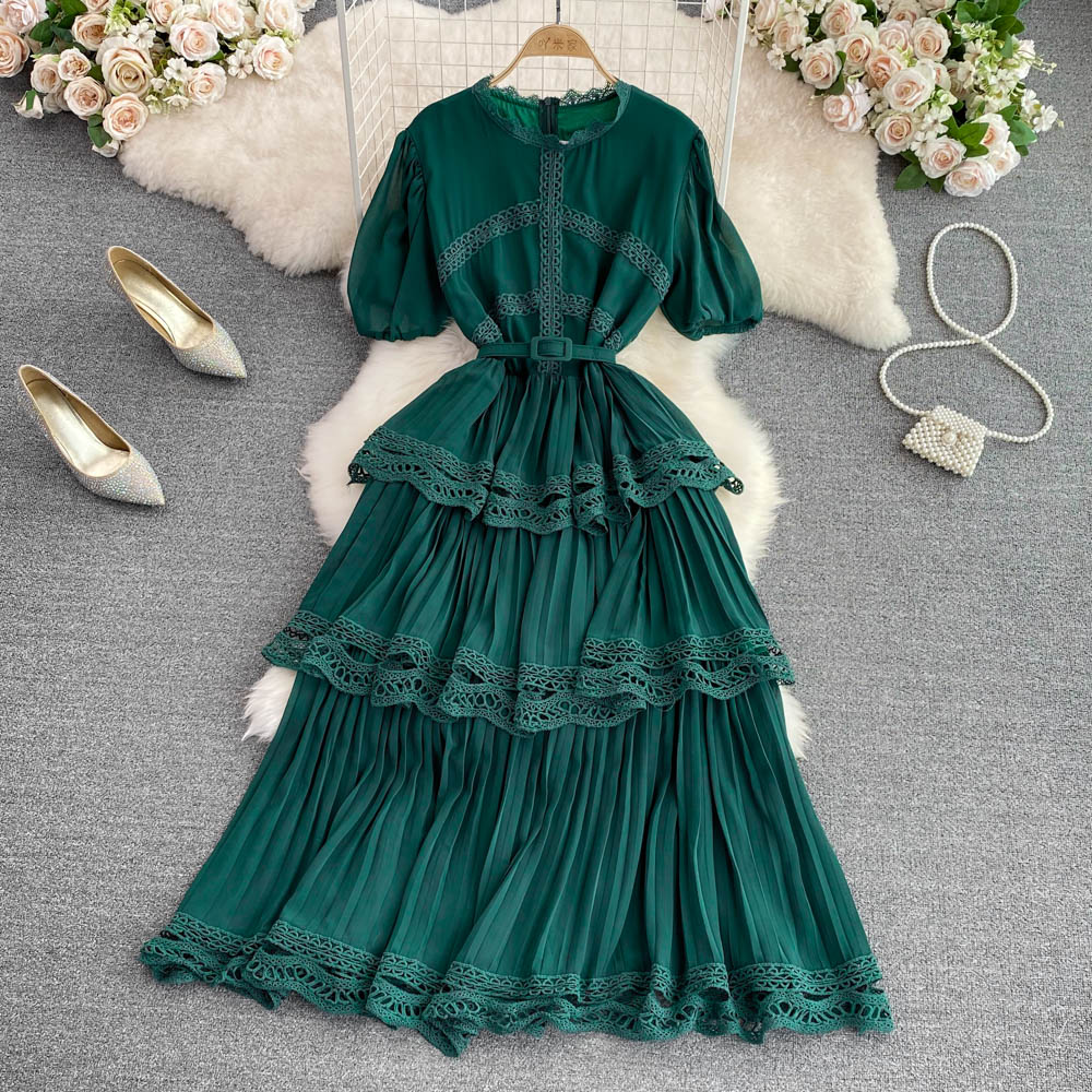 Retro ladies elegant solid color lace high waist cake dress long skirt