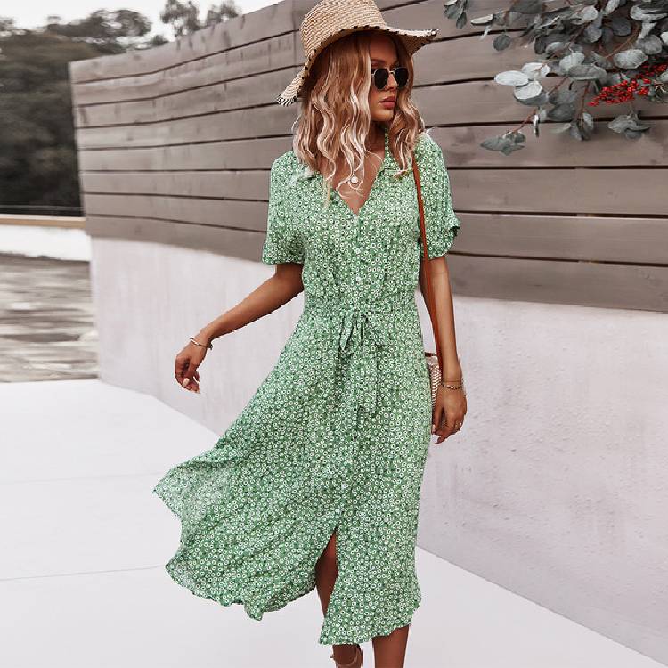 Beach Boho Summer Dress Shirt 2021 Floral Vintage High Waist Dresses Women Casual Loose Single Breasted Midi Slim Elegant Robe