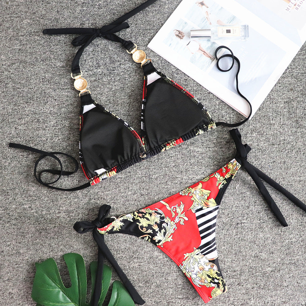 Factory Wholesale 2022 New Print Lace Up Women's Split Swimwear Sexy Metal Accessories Bikini European and American Swimsuits