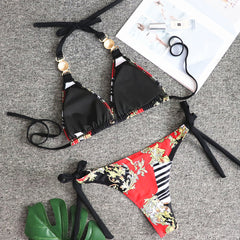 Factory Wholesale 2022 New Print Lace Up Women's Split Swimwear Sexy Metal Accessories Bikini European and American Swimsuits