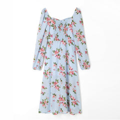 Vintage Women Floral Print Split Midi Dresses Long Sleeve Chic Bodycon Dress Female Square Collar Elegant Party Dress