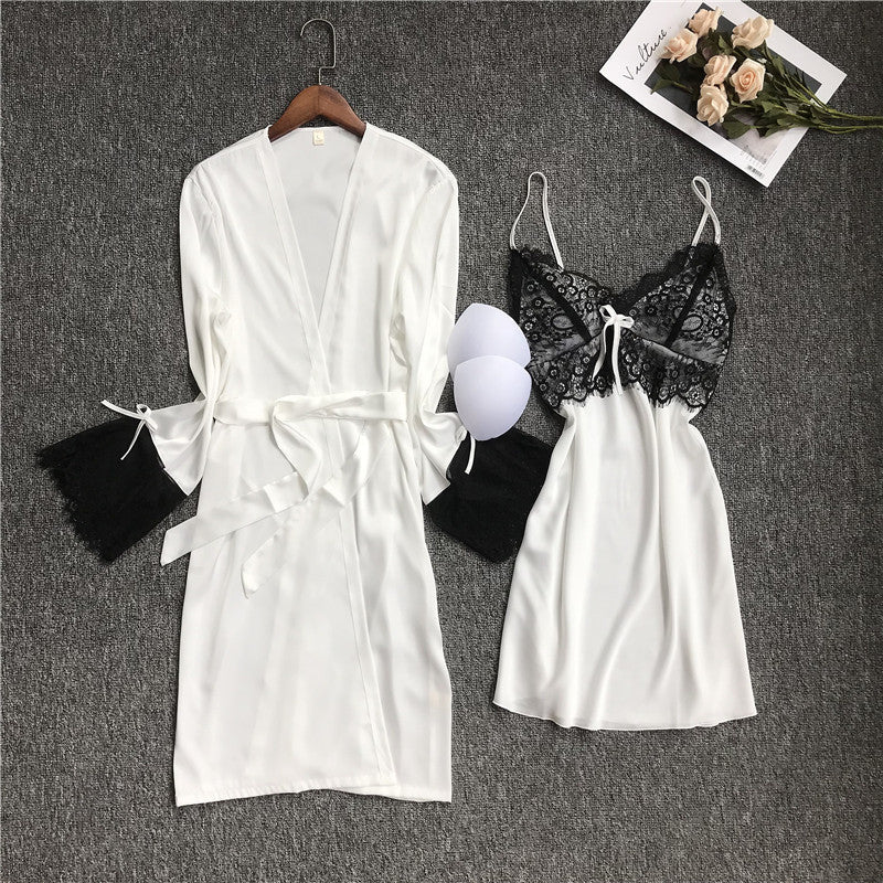 women Sleepwear set summer Ice silk Satin Pajamas 2-piece set  V-Neck Lace Sling nightdress and Bathrobe set female homewear solid color casual Pajama