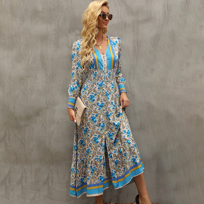 فستان نسائي طويل ماكسي بنمط بوهو مطبوع عليه زهور أنيق على شكل حرف V Nekc فساتين بأكمام طويلة فستان نسائي أنيق بفتحة أمامية على شكل حرف A 
