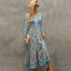 فستان نسائي طويل ماكسي بنمط بوهو مطبوع عليه زهور أنيق على شكل حرف V Nekc فساتين بأكمام طويلة فستان نسائي أنيق بفتحة أمامية على شكل حرف A 