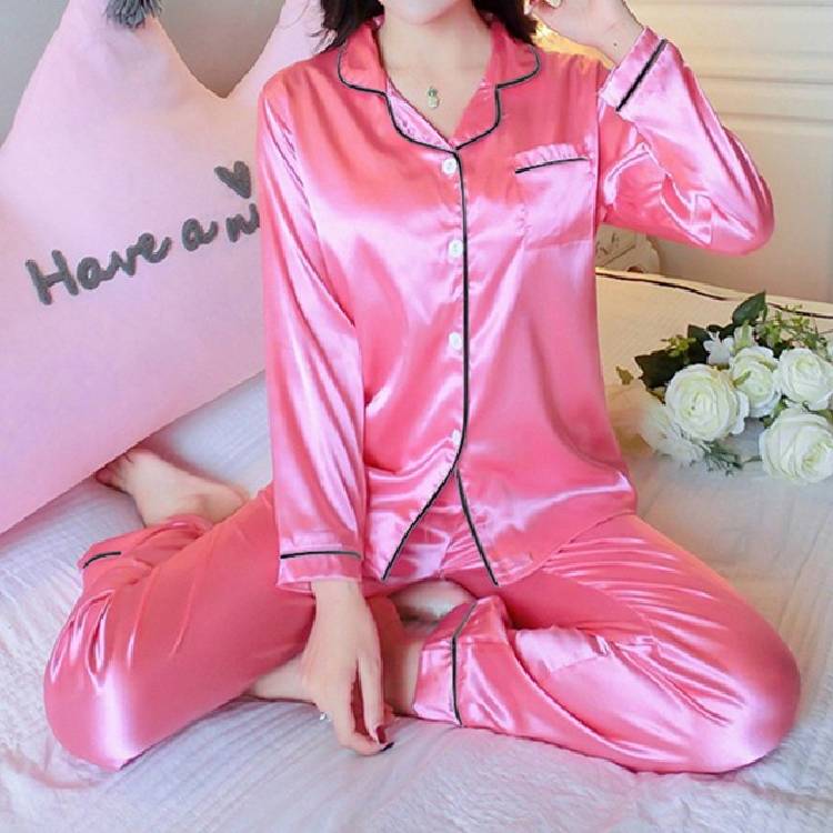 2PCS Pajamas Sets Women Lapel  Silk Long Sleeve Home Wear Ladies Mujer Satin Tops+Pants Nightgown Sleepwear Autumn