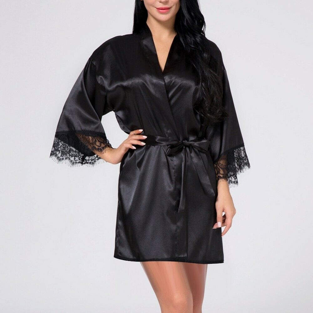Ladies Fashion Simulation Silk Lace Patchwork Bathrobe