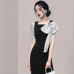 Women's New Contrast Patchwork Vintage Dress Office Lady Chic Bow Slim Bodycon Sheath Pencil Dresses Party