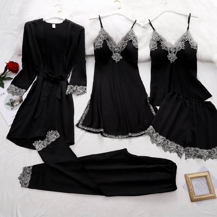 Women's 5 Pieces Pajamas Sets Silk Robe Sleep Suit Lace Satin Nightgown Neck Cami Nighties Wear Pijama Home Nightdress