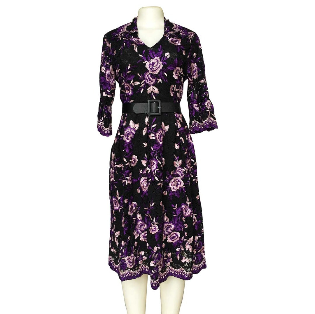 European and American hot-selling lace  flowers V-neck waist A-line dress African temperament commuter dress with belt