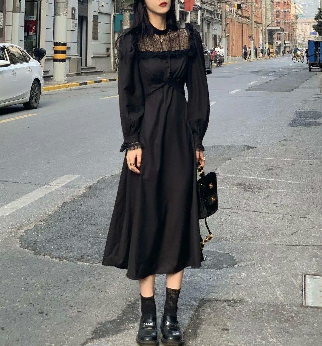 Gothic Black Y2K Women's Casual Lace Long Sleeve One Piece Dress Korean Party Elegant Midi Dress Women