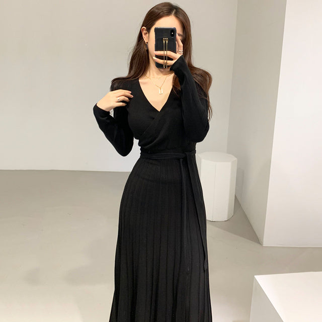 Stretchy Women Knitted Bodycon Pencil Dress New 2022 Autumn Winter Solid Vestidos Long Sleeve V Neck Slim Lady Chic Korean Dress