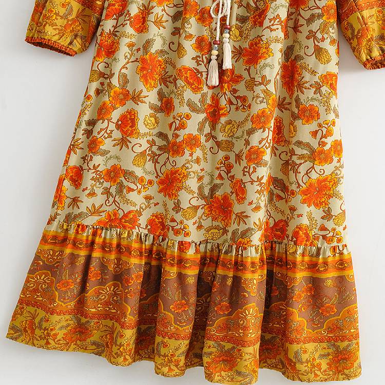 فستان طويل الأكمام للسيدات من هابي كوينز وربطة عنق وشرابة عرقية مطبوعة بالزهور للشاطئ البوهيمي فستان طويل للسيدات رايون بوهو فستان فيستدوس 