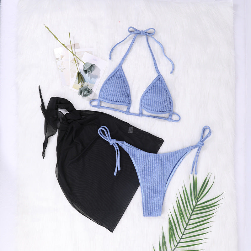 European and American bikini knitted hollow sexy tie split swimsuit three-piece suit with veil bikini spot