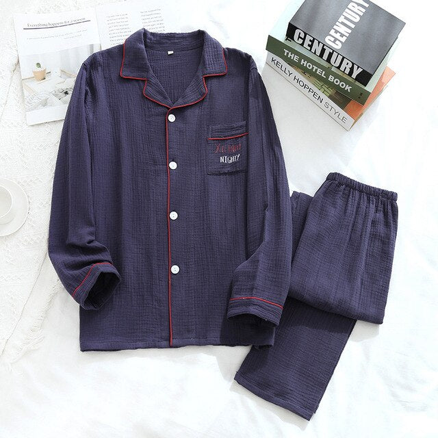 Cotton Crepe Pajamas Set For Women New Spring And Autumn Cloth Couple Long-Sleeved Suit Men Home Service Plus Size Nightgown